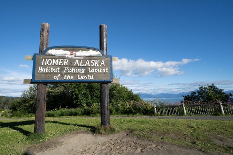 sign welcomes visitors to homer alaska, the halibut fishing capi